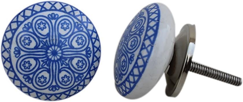 Cabinet Knob Round - Hand Painted Blue Floral Ceramic Cabinet